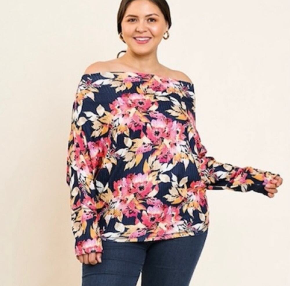 UMGEE Top Size 2XL Navy Floral Textured Knit Dolman Off The Shoulder Plus Curvy